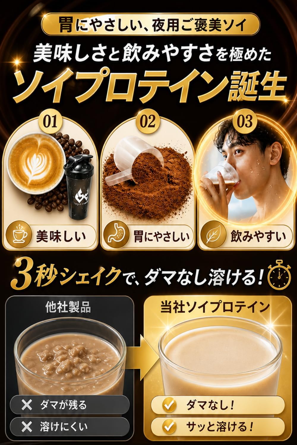 カフェラテ風味、溶けやすさ、飲みやすさを紹介するAmazon商品画像