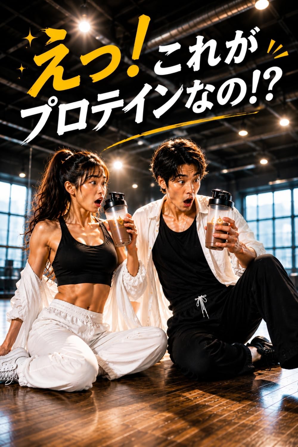 練習後にプロテインを持つ男女のダンサーを描いたAmazon商品画像