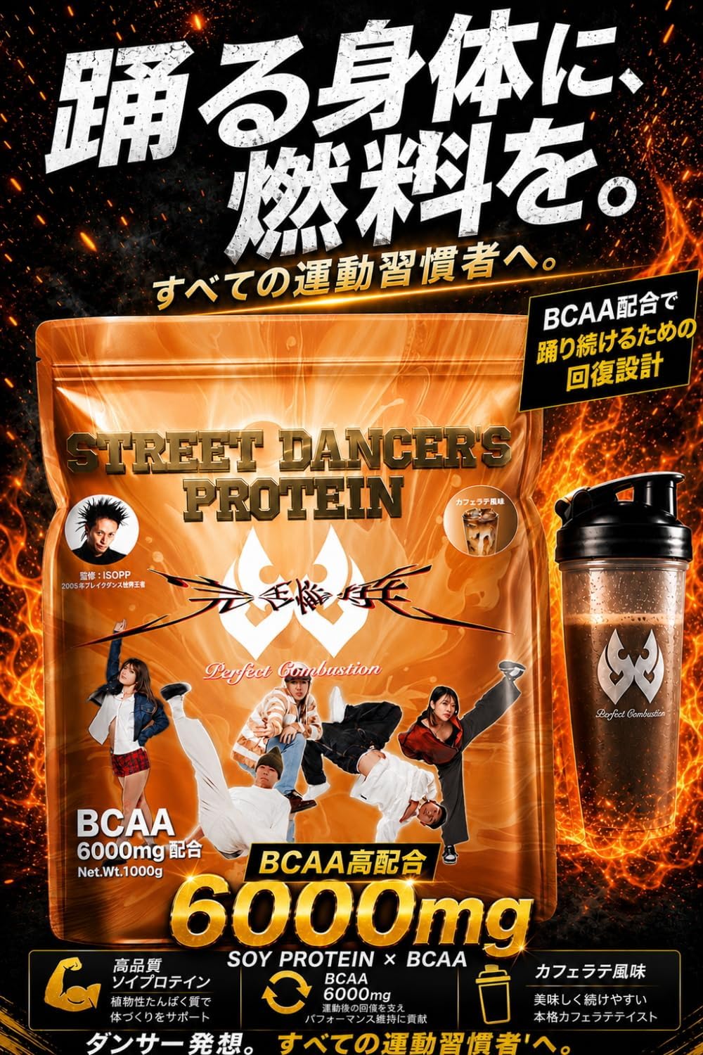 Perfect Combustionプロテインとシェイカー、BCAA 6000mg配合を紹介するAmazon商品画像